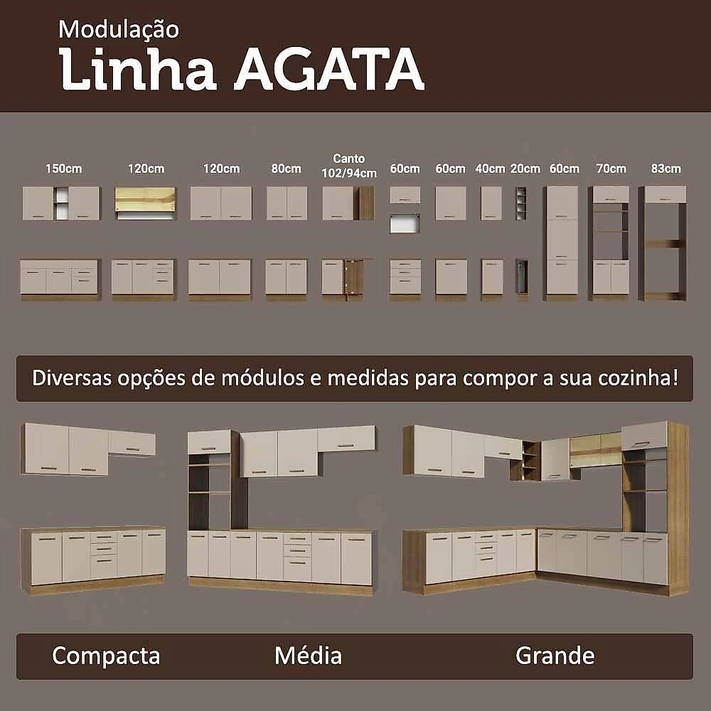 Armário de cozinha compacta 190cm com cristaleira rustic/crema agata madesa 01