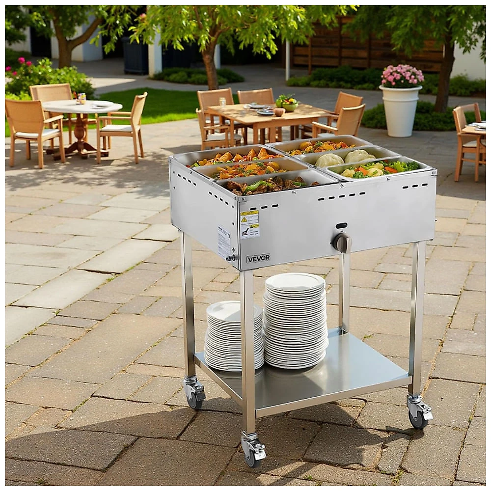 Mesa Aquecedora a Gás VEVOR GBW-6 6 Cubas Inox Válvula de Dreno Rodas Travamento Externo