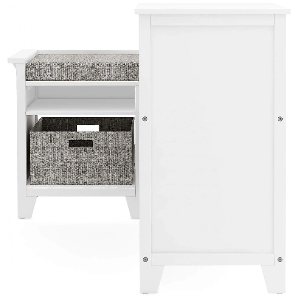 Banco de canto infantil Martha Stewart Living & Learning branco com nichos, cestos de tecido e assento acolchoado para quarto e brinquedoteca