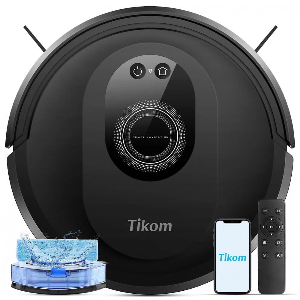 Robô Aspirador e Esfregão Tikom Preto 2 em 1, Sucção 5.000 Pa, Slim, Controle por App, Voz e Remoto – G8000 Max