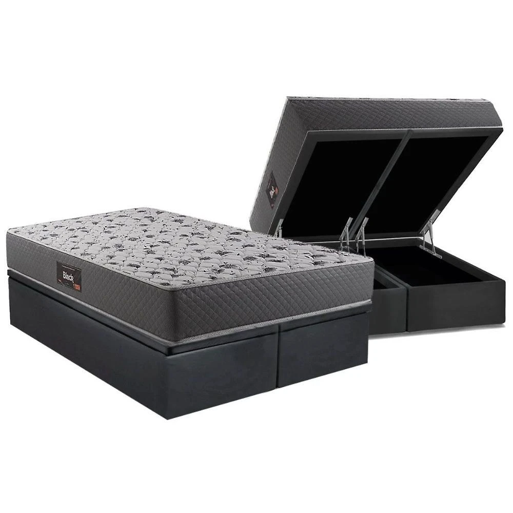 Cama Box Baú Queen: Colchão Ortopédico Herval D28 - Ag65 Black + Base Crc Suede Gray (158x198)