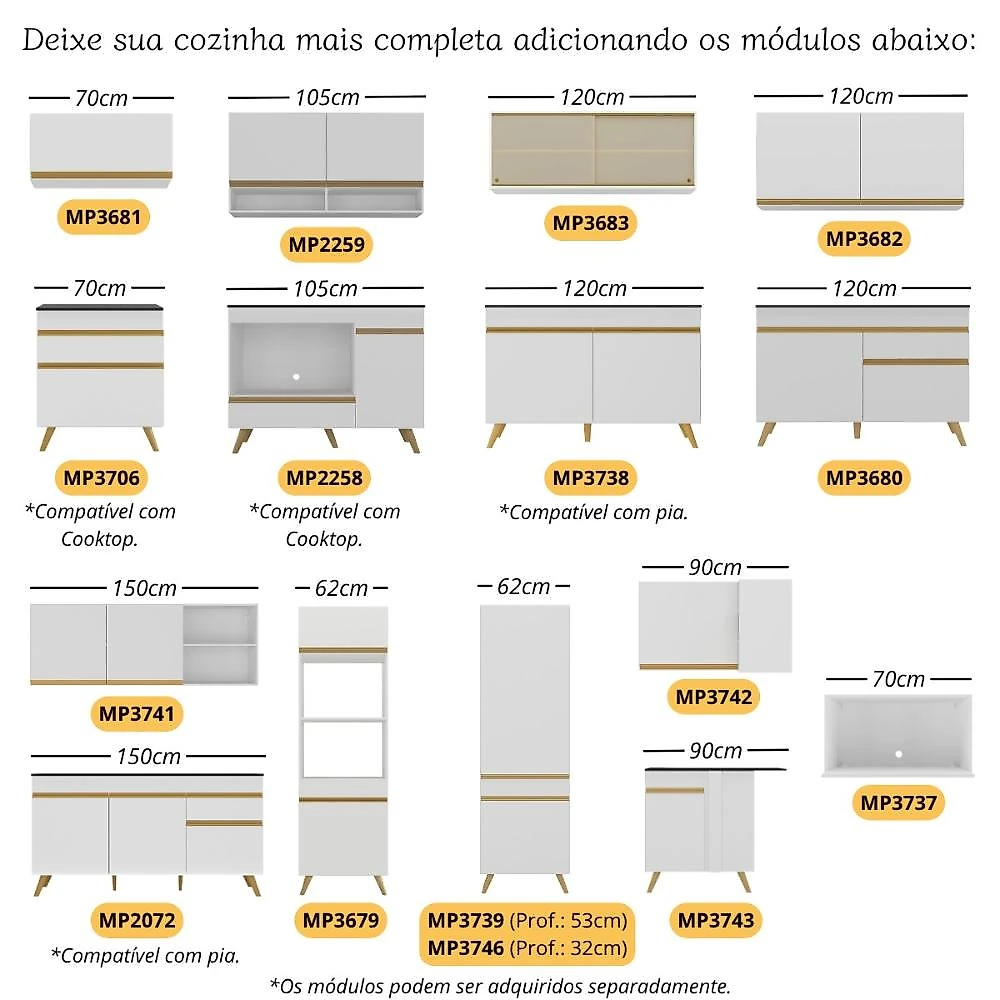 Armário Cozinha Modulada Compacta c/ Gabinete p/ Pia e Balcão p/ Cooktop Veneza Multimóveis MP3775 Branco/Dourado