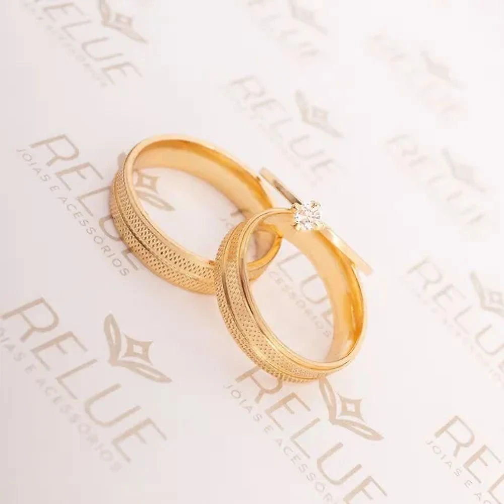 Par De Alianças Banhada Ouro 18k 5mm Recartilhada Solitário