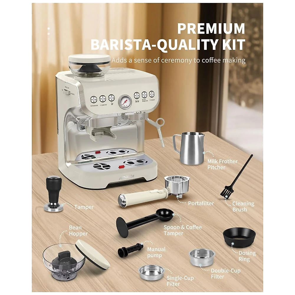 Cafeteira Espresso Amaste 15 Bar com Moinho Integrado, Vaporizador, 2L Branco, Kit Barista, Pre-Infusão, AC-517EA 110V