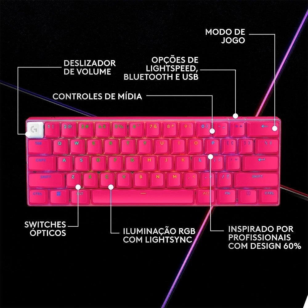Teclado Sem Fio Mecânico Gamer Logitech G PRO X 60 Lightspeed, RGB, Bluetooth, Compatível com Windows, Rosa Magenta - 920-011940