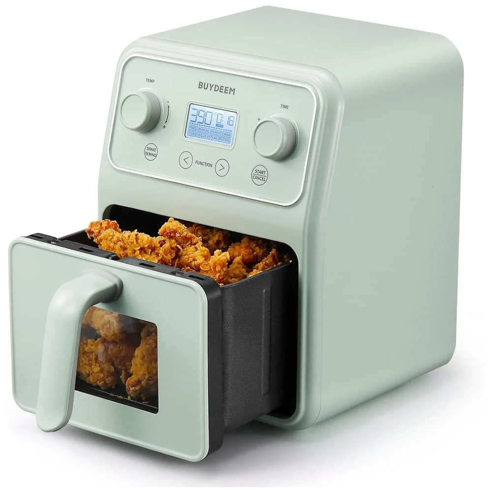 Forno Airfryer 4 Litros 8 em 1 com Janela Retrô e Lembrete de Agitar, 110V 1200W, Buydeem, Verde