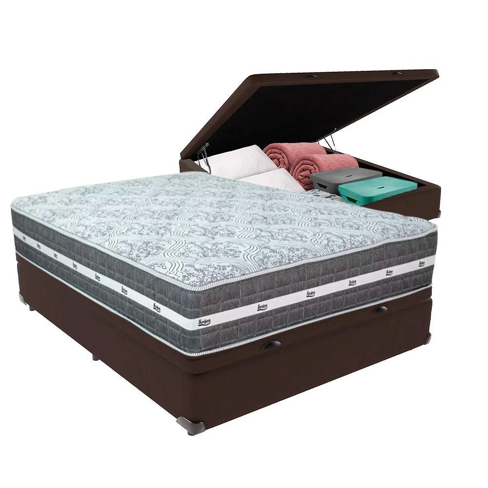 Cama Box Baú E Colchão Black Graphite Molas Ensacadas Casal 138x188x27 Anjos Casal Marrom
