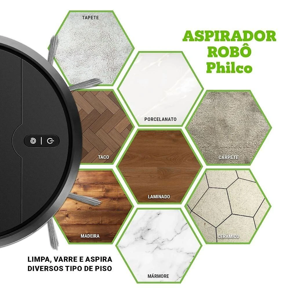 Robô Aspirador de Pó Philco PAS26P 610ML 200ML 3 em 1 com Função MOP e Filtro HEPA Preto Bivolt