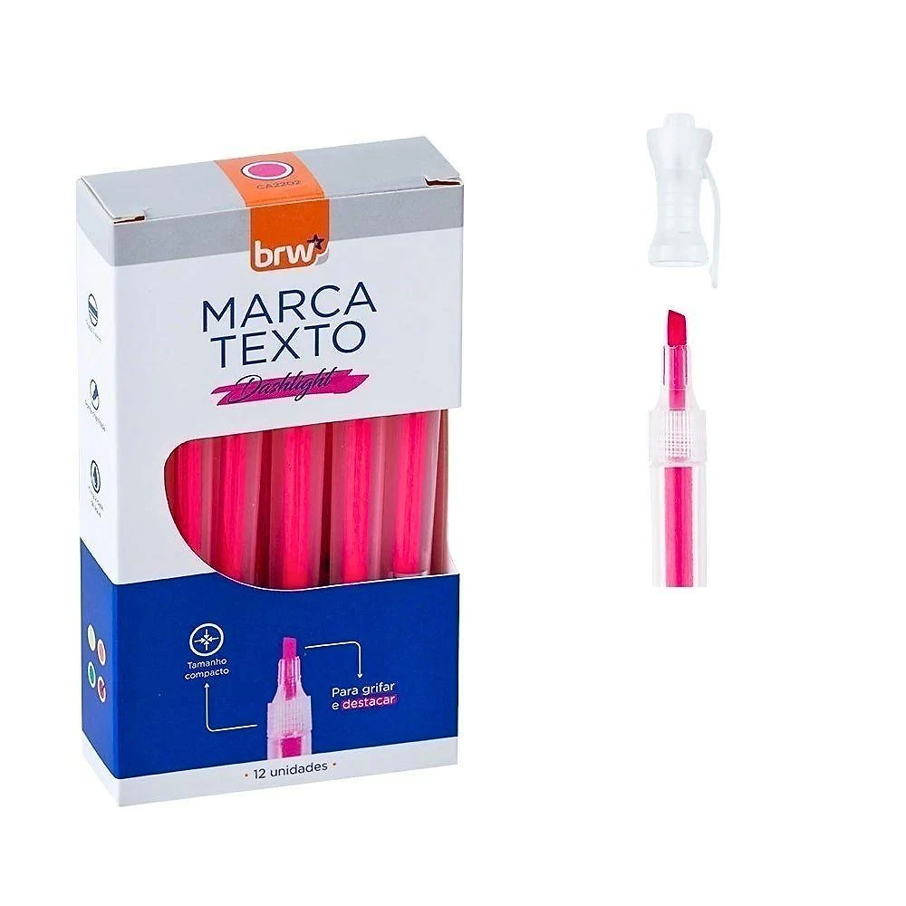 2 Caixas Marca Texto Fluorescente Transparente 12 Unidades Brw Rosa