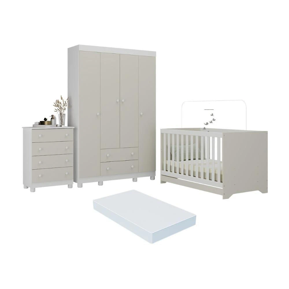 Quarto De Bebê Completo Berço Americano 3 Em 1 Colchão Allegra Multimóveis MP4602 Branco-off White