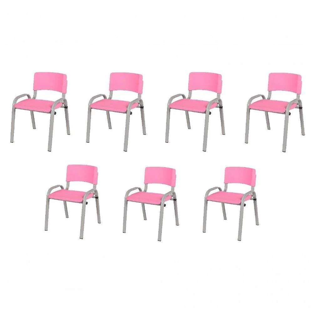 Kit 7 Cadeiras Infantil Iso, Escola, Base Cinza- Rosa