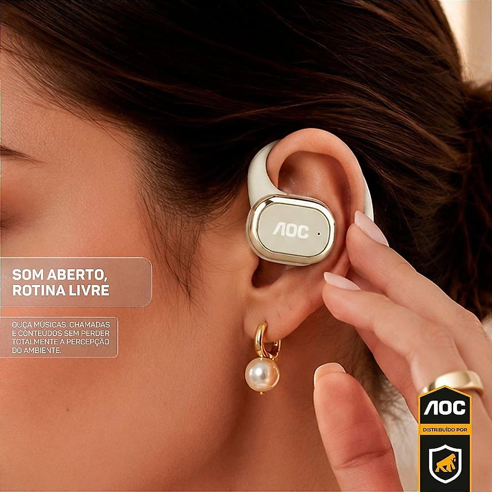 Fone Auricular Open-Ear Clip Earbuds Bluetooth 5.4 Sem fio com Alcance até 10 metros + Case Compacta com Alça - Branco - AOC