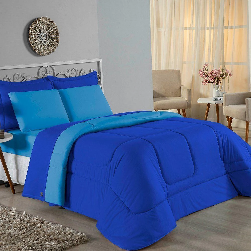 Edredom Solteiro Nobre 1 Peça Dupla Face 1,60m X 2,40m Malha 100% Algodão - Royal / Turquesa