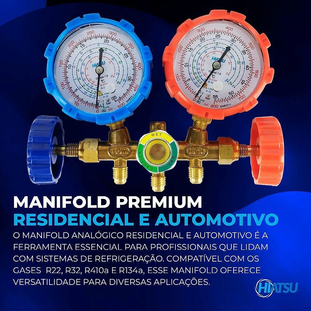 Manifold Premium Gás R22 R32 R134a E R410a Com Mangueiras 1,50m E Adaptadores Mph-332 Hiatsu