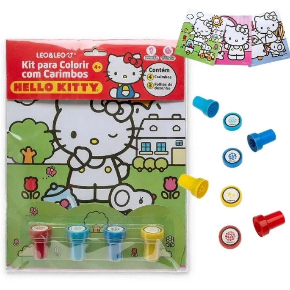 Kit para Colorir Leo & Leo Hello Kitty com 3 Folhas e 4 Carimbos Autotintados