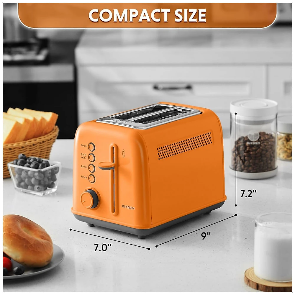 Torradeira BUYDEEM DT620 Laranja 2 Fatias com Fendas Largas, Função Bagel e Muffin, Bandeja de Migalhas Removível e 7 Níveis de Tostagem, 110V