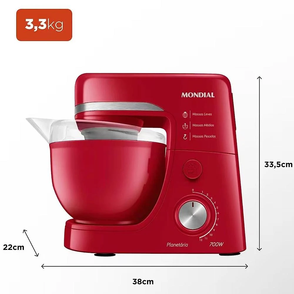 Batedeira planetária mondial bp-03 com 12 velocidades e 700w - vermelha 110