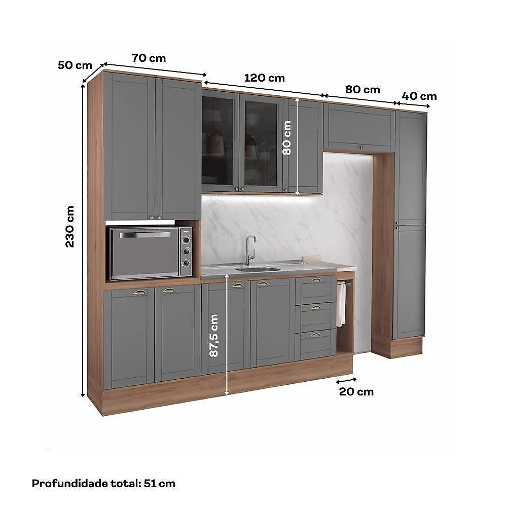 Cozinha Milla One 12 Portas 3 Gavetas MDF-MDP 310CM Nogal Móveis Carraro