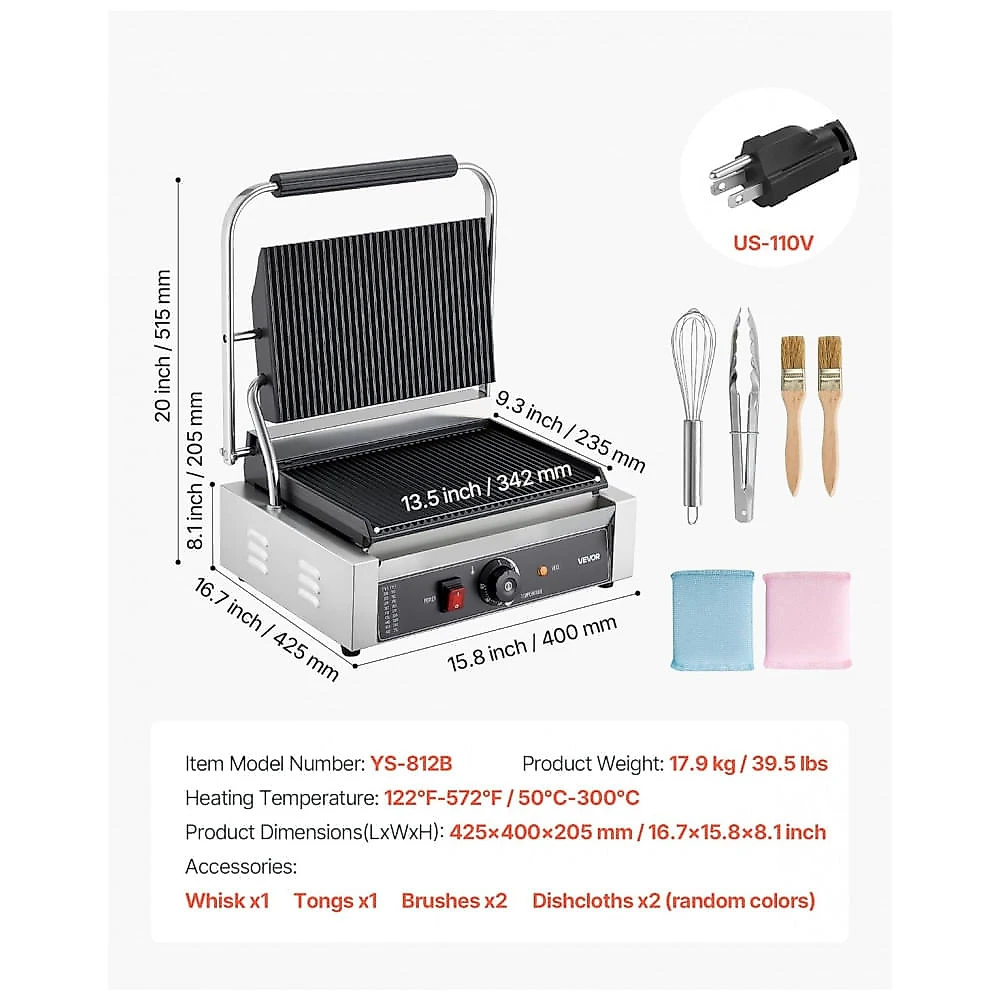 Grill Panini Comercial VEVOR 1800W Inox Placa Canelada 34x24cm Controle de Temperatura 110V
