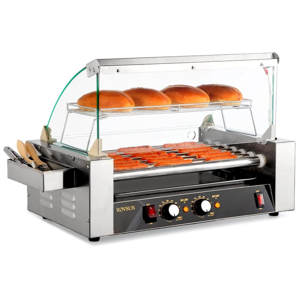 Máquina de Salsicha Hot Dog Rovsun Grill para 18 Hot Dogs, 7 rolos, 1050W, controle de temperatura duplo, iluminação LED, tampa, prateleira removível