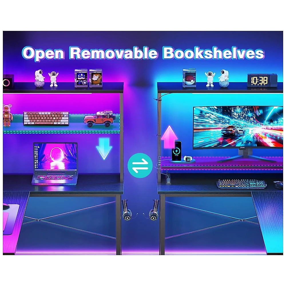 Mesa Gamer em Formato de L, 53" 134 cm com Luz LED, Tomadas, Suporte para CPU, Gancho para Fone de Ouvido e Bolsa de Armazenamento, 110V, AODK, Preto 110v