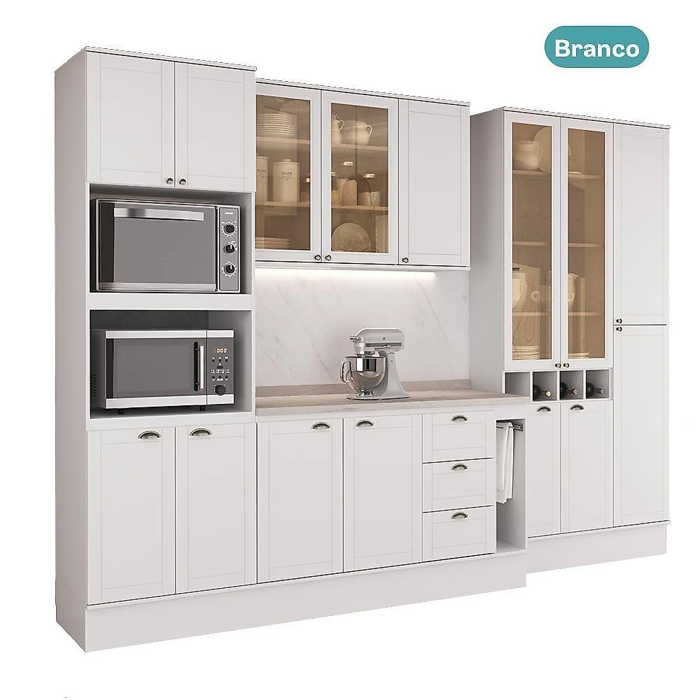 Cozinha Milla Nora 15 Portas 3 Gavetas MDF 320CM Branca Móveis Carraro