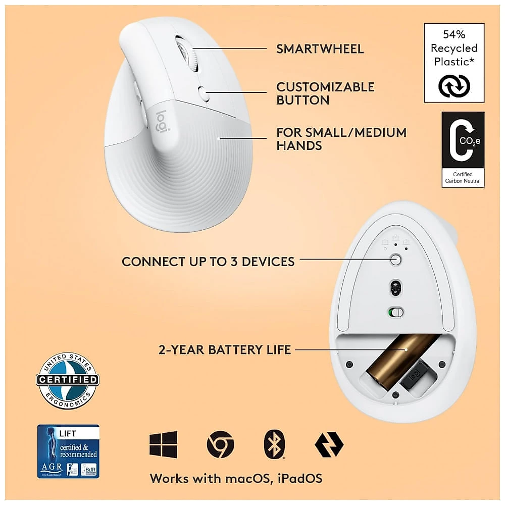 Mouse Ergonômico Vertical sem Fio Reduz a Tensão do Pulso com Rolo Lateral e Bluetooth, 4 Botões, LOGITECH 910 00...