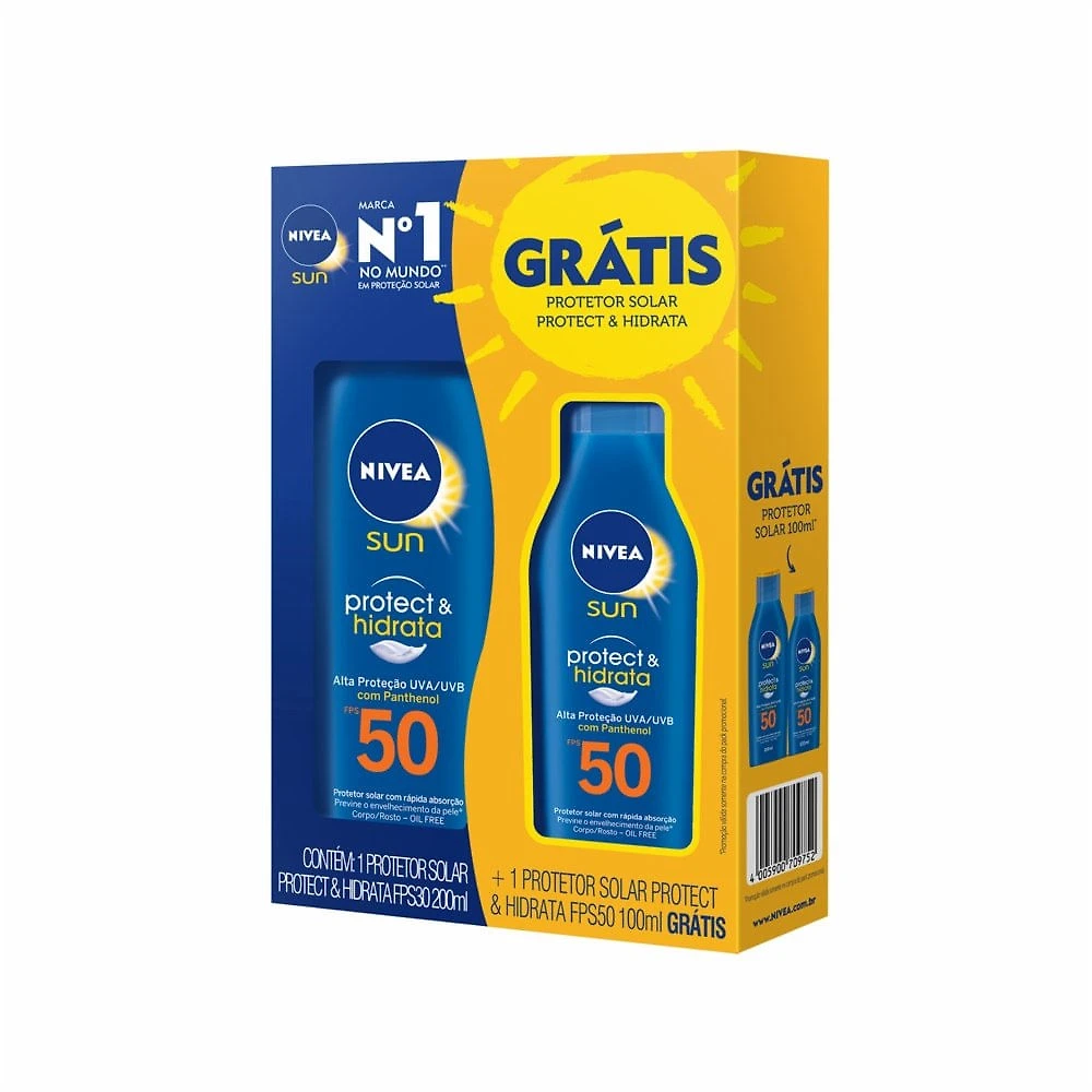 Kit Protetor Solar Nivea Protect Hidrata Fps50 200ml Grátis Nivea Protect Hidrata Fps50 100ml