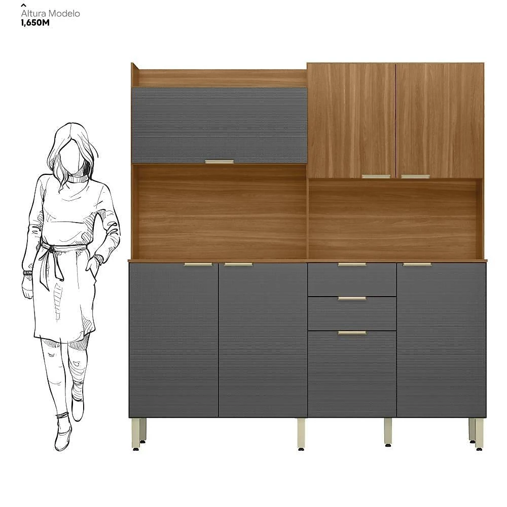Cozinha Compacta 7 Portas 2 Gavetas Pitaya Amendola/grafito Demóbile Amendola/grafito Prime Tx