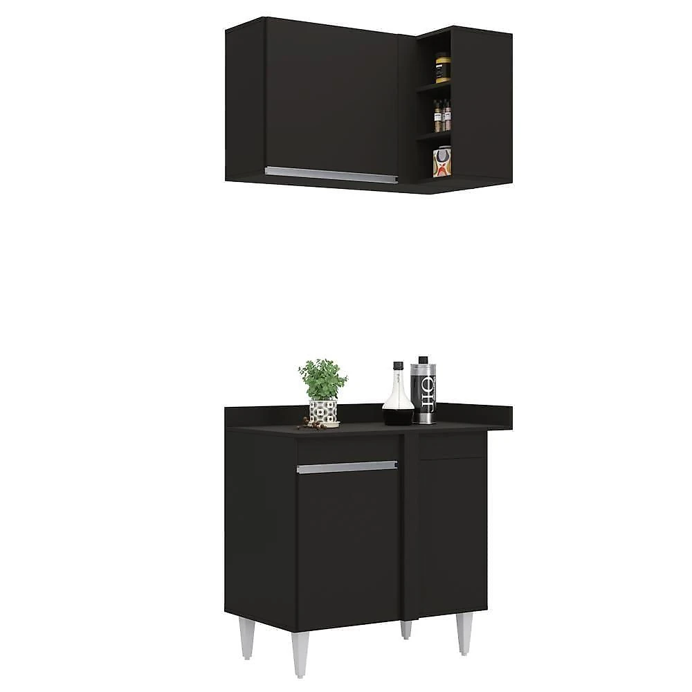 Armário De Cozinha Modulado De Canto Esquerdo 4 Peças Cp48 Com Pia Inox Preto - Lumil