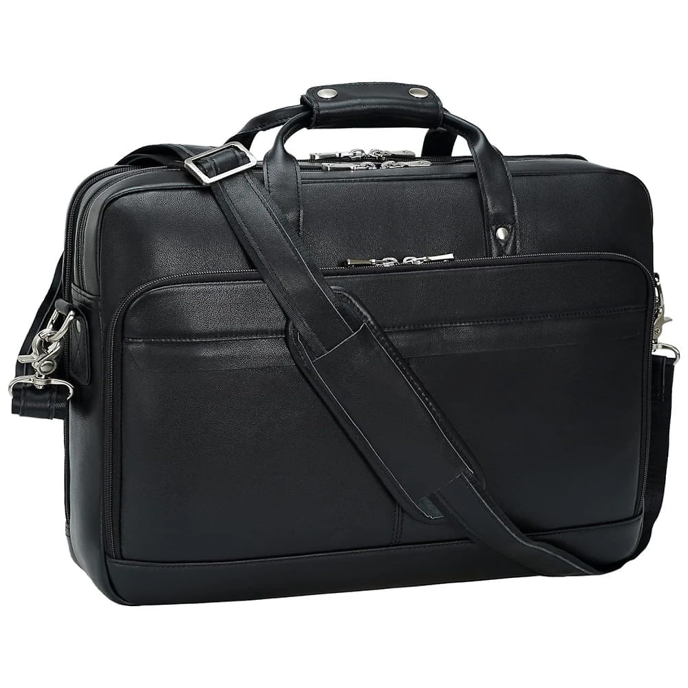 Bolsa Carteiro Masculina de Couro Grão Integral para Laptop com 17 Polegadas, Masa Kawa, Preta