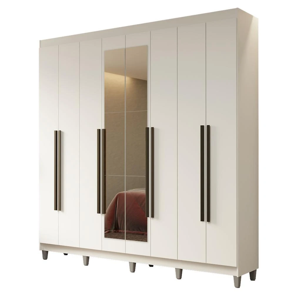 Guarda-roupa casal com pés 8 portas batentes com espelho branco/branco/preto netuno madesa
