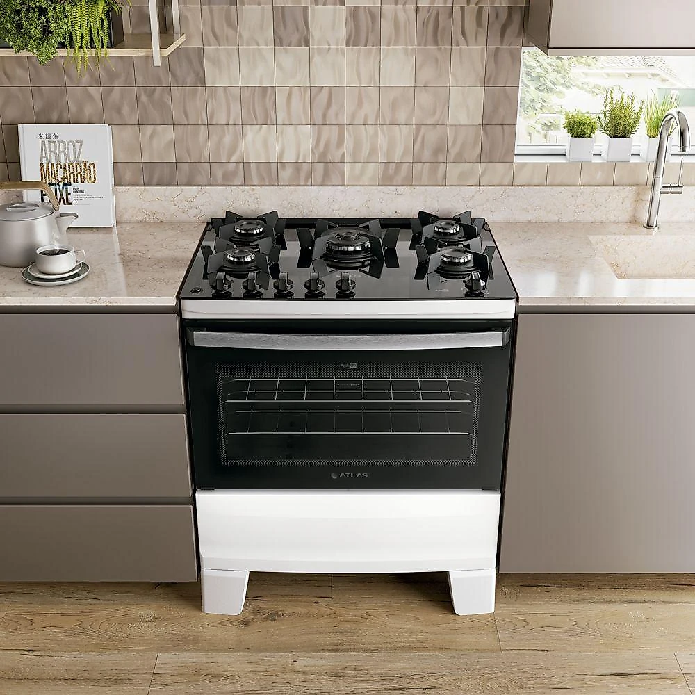 Fogão 5 Bocas Atlas Agile Up Glass Automático Mesa De Vidro Branco Bivolt