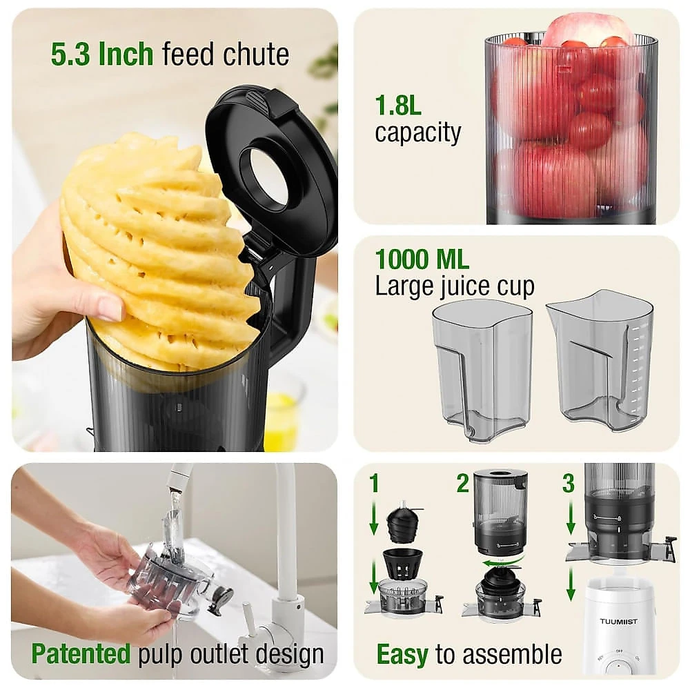 Extrator de Suco TUUMIIST, com Tubo de Alimentação Extra Grande de 13,5 cm, Branco BPA Free