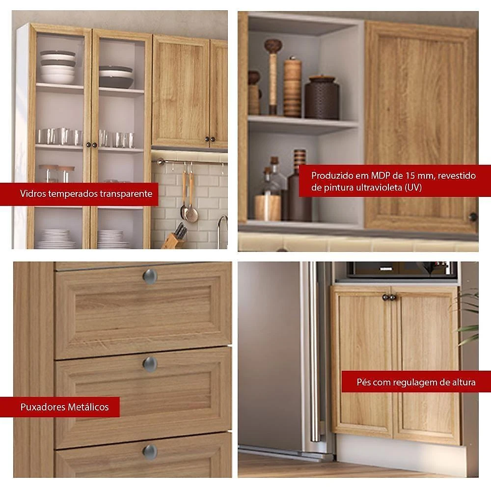 Armário de Cozinha Berlim B3 9 Portas 4 Gavetas MDF 280CM Amadeirado Ditália Móveis