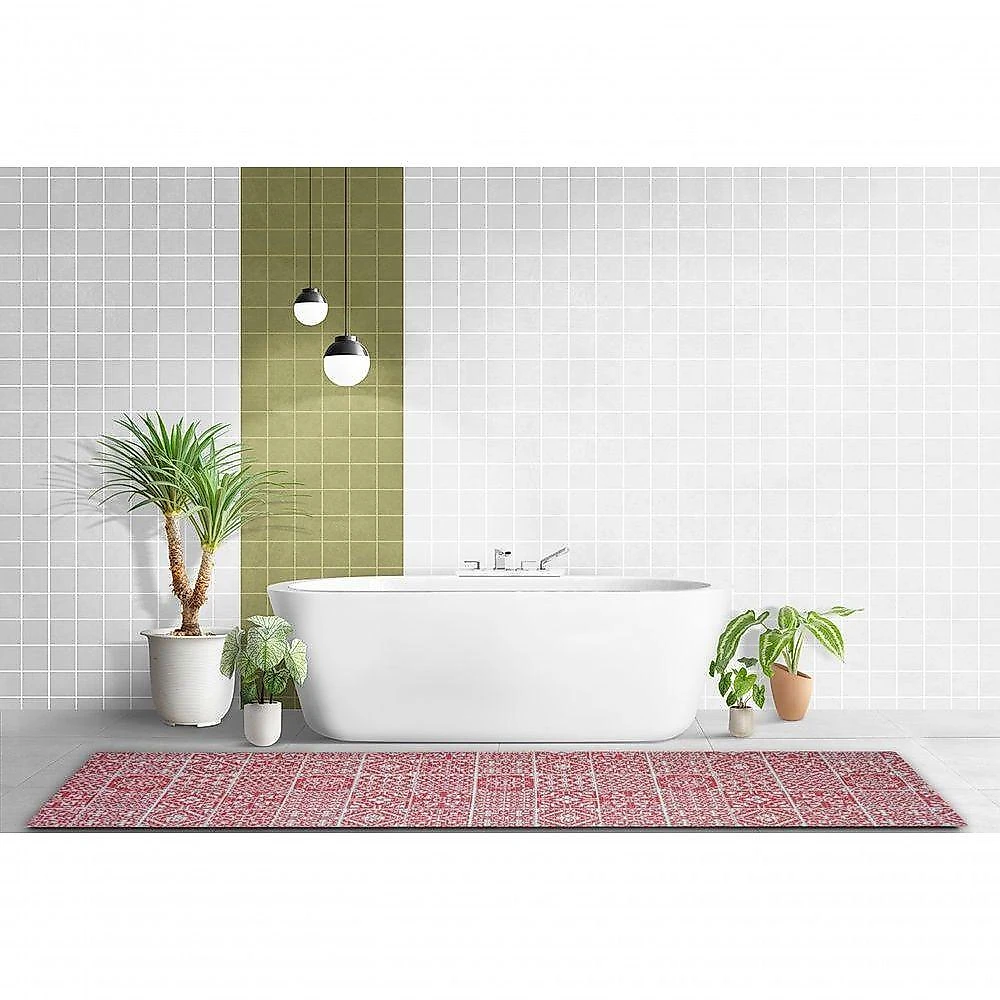 Tapete Passadeira Emborrachada Pvc Antiderrapante 0,65x3,00m Azulejo Vermelho Branco