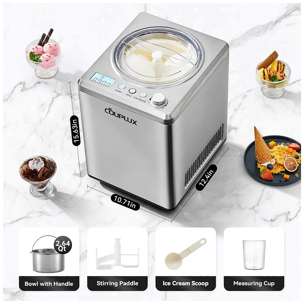 Máquina de Sorvete 2,5L com 3 Modos, Display LCD, Temporizador até 2H e Função Keep Cool, 110V 250W, COUPLUX, Prata 110v