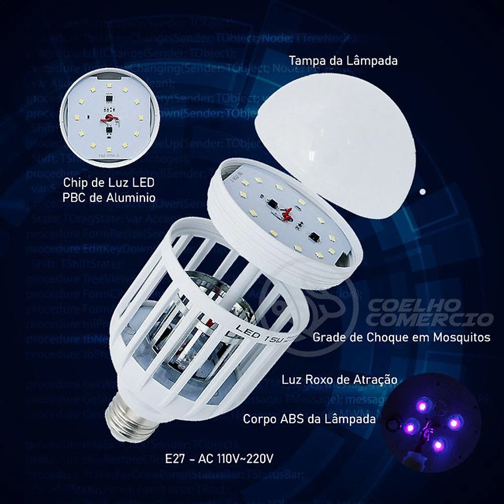 Lâmpada Luz Led Branco 15w Atrai Choque Mosquito