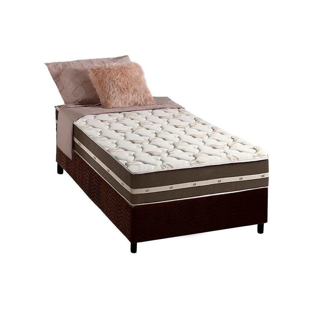 Cama Box com Colchão Solteiro Suede Brown Euro Pillow Molas Bonnel Anjos
