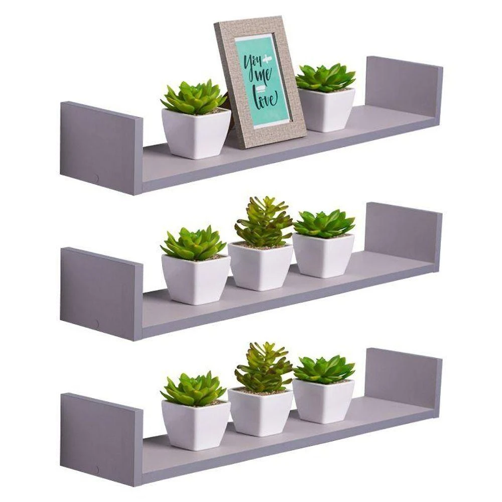 Prateleira Kit 3 U 60X15CM MDP Fixação Suporte Invisível Moderno Sala Cinza Claro