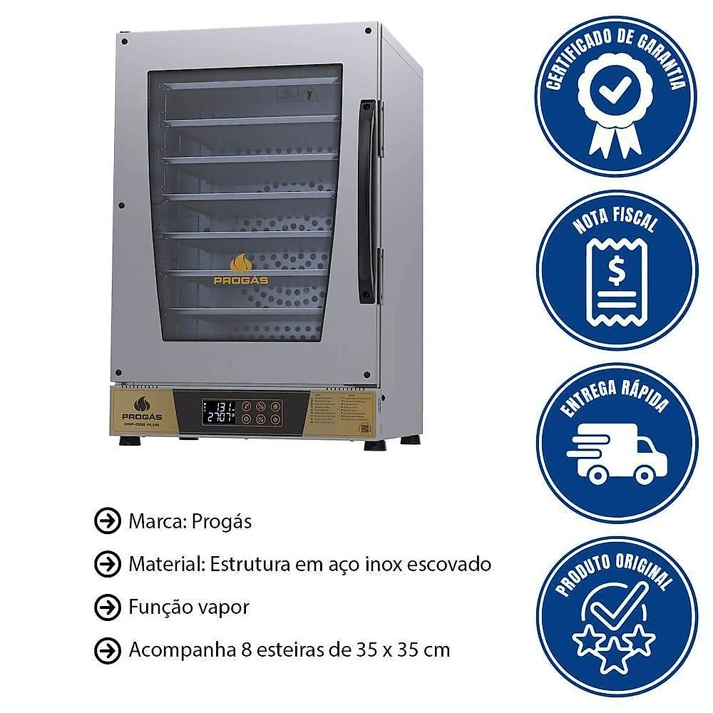 Forno Turbo Elétrico Progás Prp-008 Plus Dourado 8 Esteiras Com Vapor 220V P44699