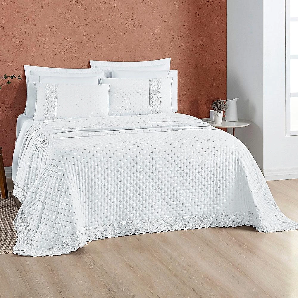 Kit cobre leito colcha bouclê king laise bordada micropercal 200 fios 3 peças - branco neve