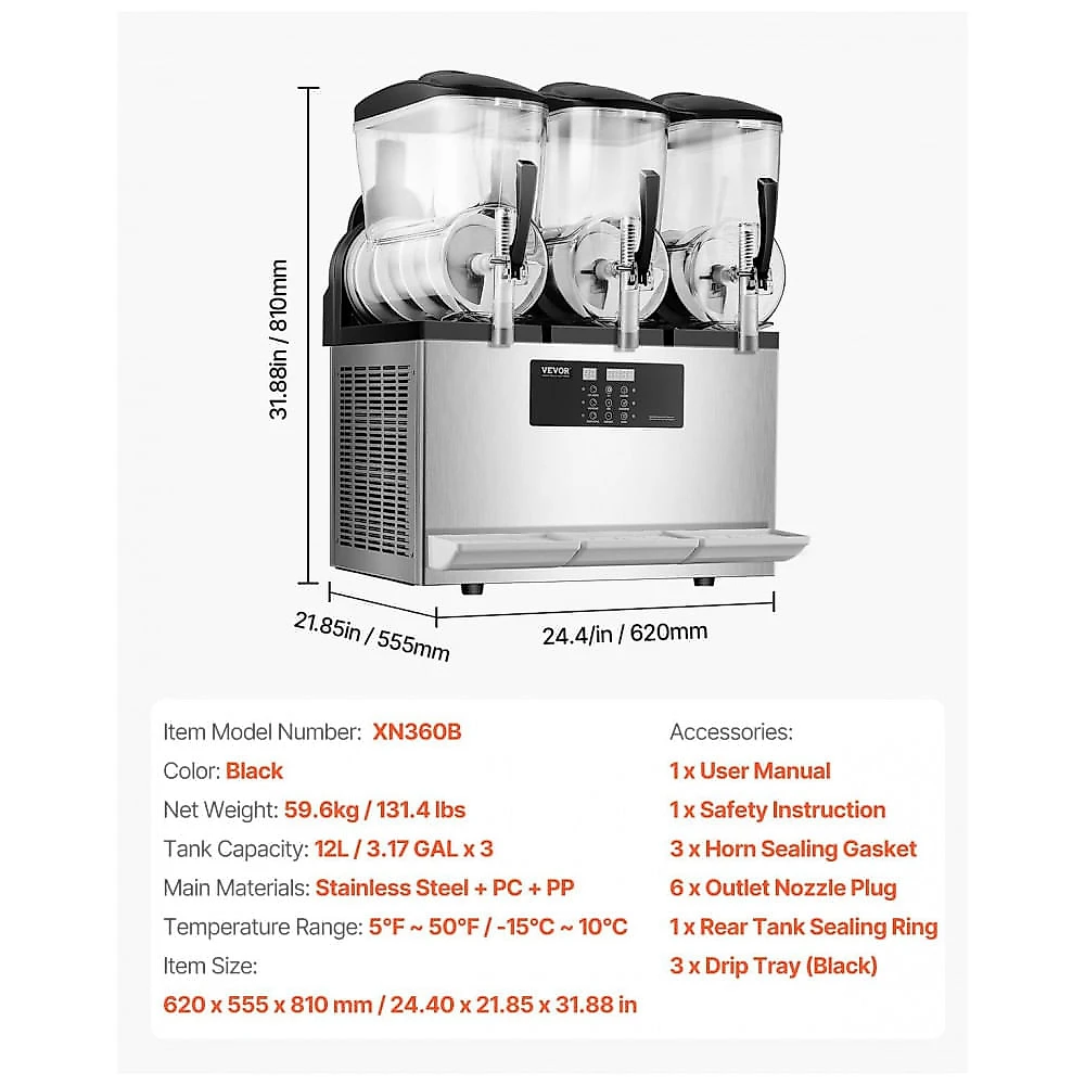 Máquina de Slush Raspadinha VEVOR 12Lx3 Triplo Tanque 144 Copos Auto Limpeza Inox 240V
