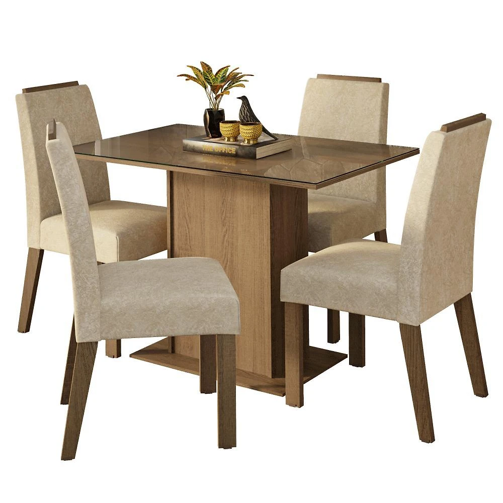 Conjunto sala de jantar tampo de vidro 4 cadeiras rustic/imperial jasmin madesa