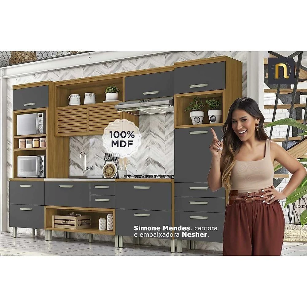 Gabinete De Cozinha Modulado Balcão Com Tampo Princesa Com 2 Portas E 3 Gavetas 120cm Freijó Off White