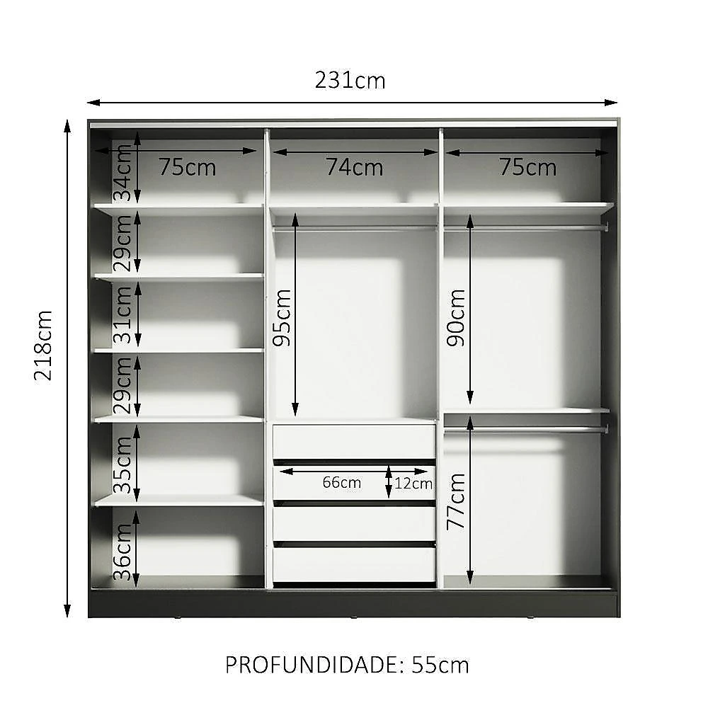 Guarda roupa casal 100% mdf madesa royale 3 portas de correr - preto/rustic