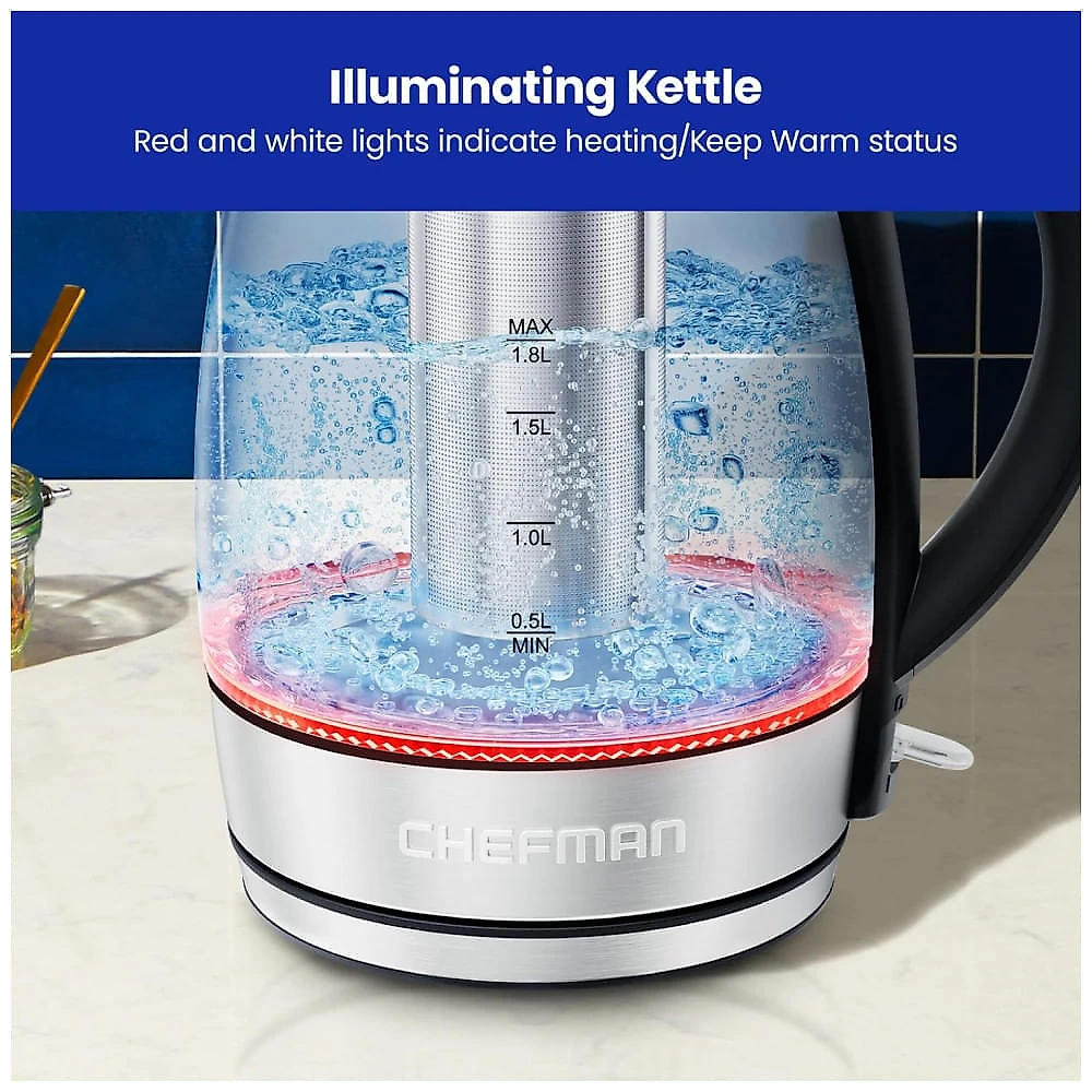 Chaleira Elétrica Chefman de Vidro 1,8L 1500W c/ Infusor de Chá, Manter Quente, Desligamento Automático e Proteção contra Fervura