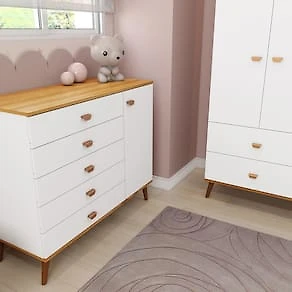 Miniatura Guarda-Roupa Bartira Ternura com 3 Portas, 2 Gavetas + Cômoda Bartira Ternura com 5 Gavetas e 1 Porta Branco Wood