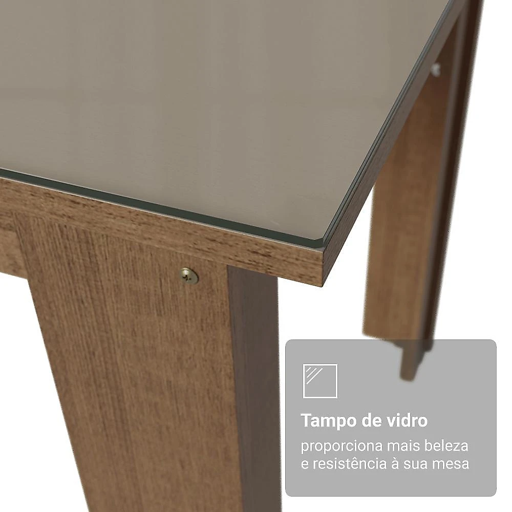 Conjunto sala de jantar avelã mesa tampo de vidro 4 cadeiras rustic/crema/lírio bege madesa