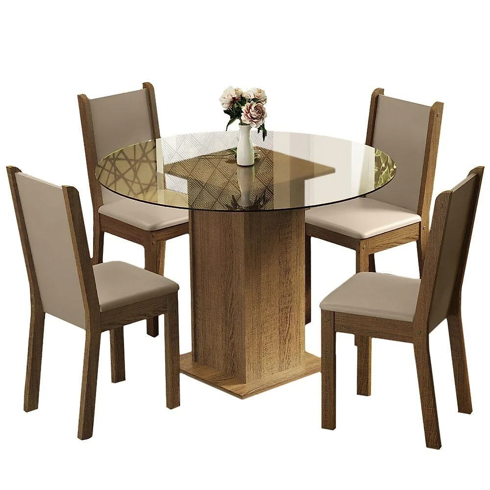 Conj. Mesa Tampo De Vidro 4 Cadeiras Rustic/Crema/bege